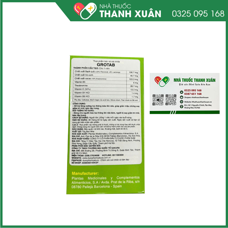 Viên uống bổ não Grotab viên uống bổ não, tăng cường lưu thông máu